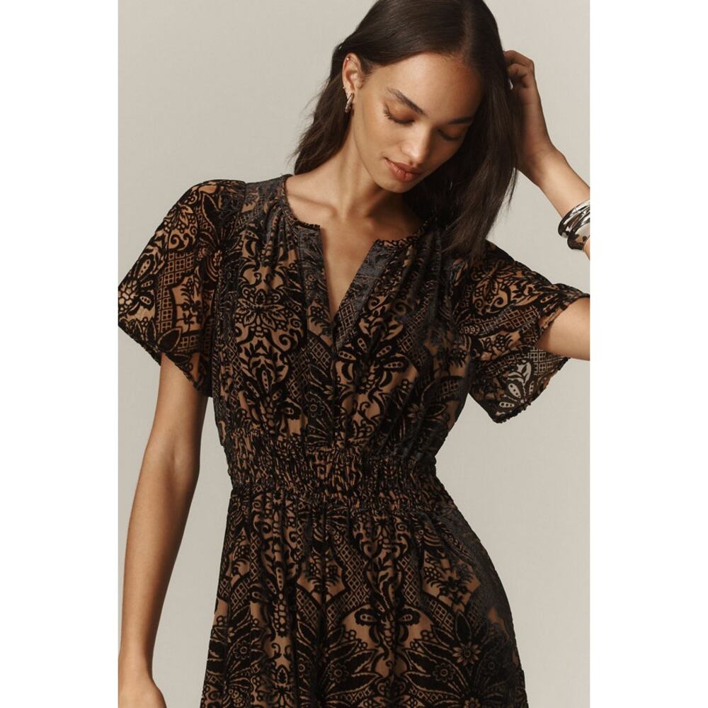 Anthropologie Somerset Maxi Velvet Burnout Dress Tiered Black Floral Size S - Picture 3 of 10